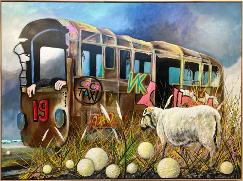 Acryl und Öl auf Leinwand, 190x140cm "Endstation Grasland" 2025