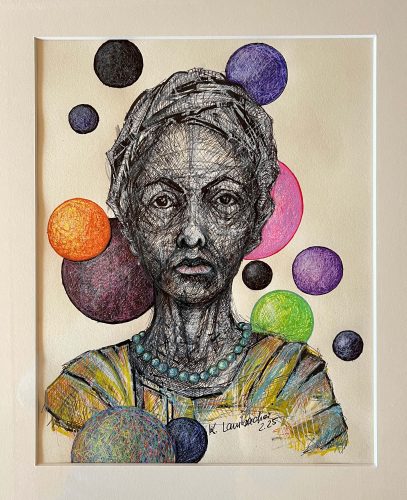 Tinte und Acrylstift auf Papier, 27x34cm, Titel: Anneliese, 2025